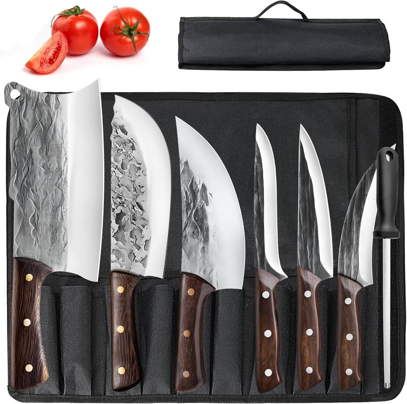 zeng 7 Pieces Butcher Knife Set with Roll Bag, Chef Knife Set for Meat Cleaver Cutting & Viking Knives with Ergonomic Handles, Stainless Steel Hand Forged Kitchen Knife Set for Home, Cooking, Camping - Image 1